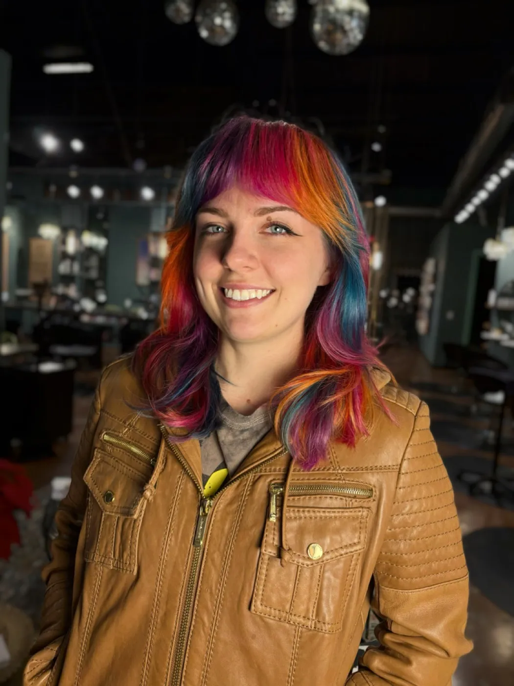 Rainbow color melt with curtain bangs